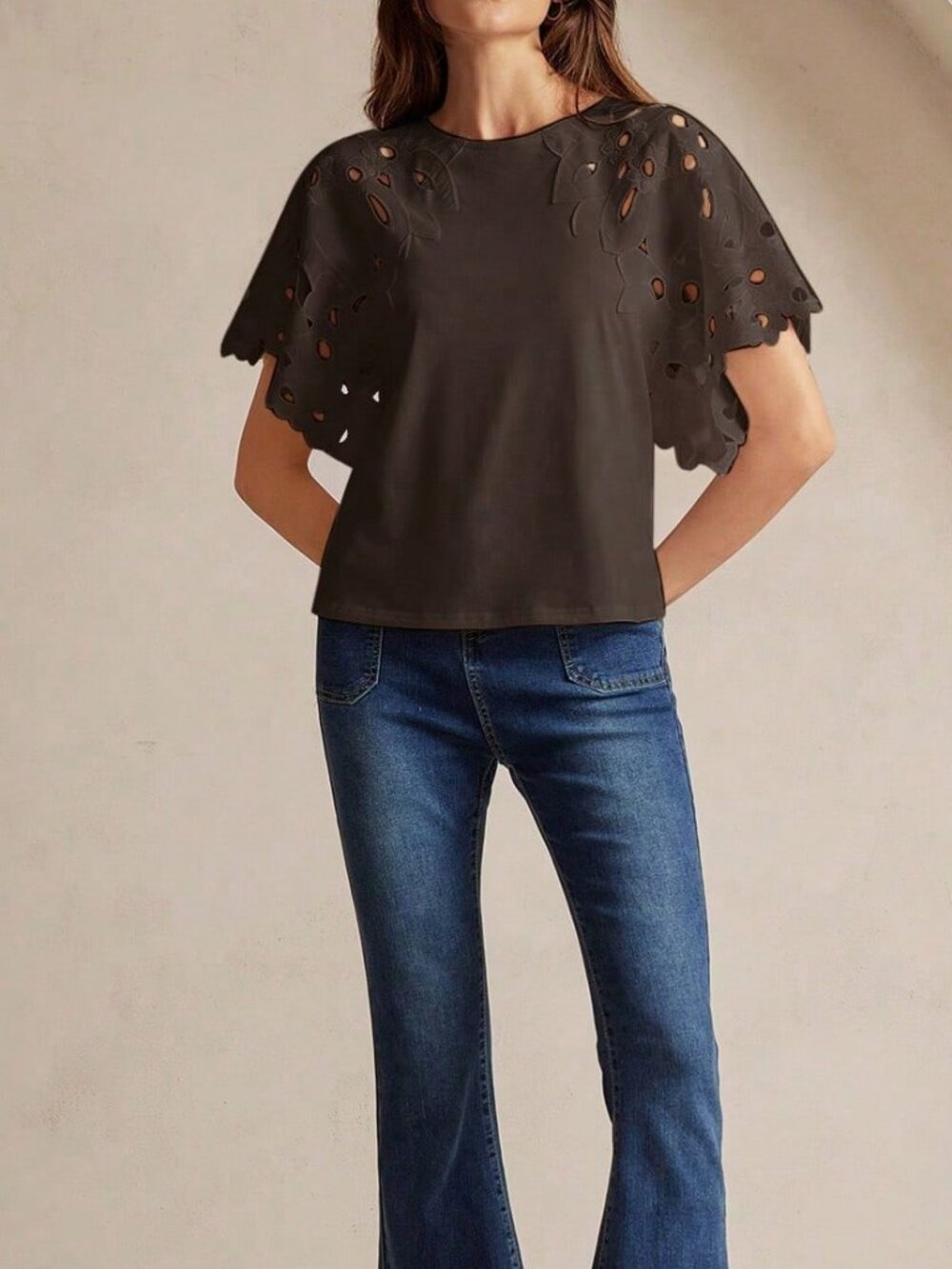 Coffee Brown Casual Women's Elegant Hollow-Out Short Sleeve T-Shirt - Picture 4 of 6